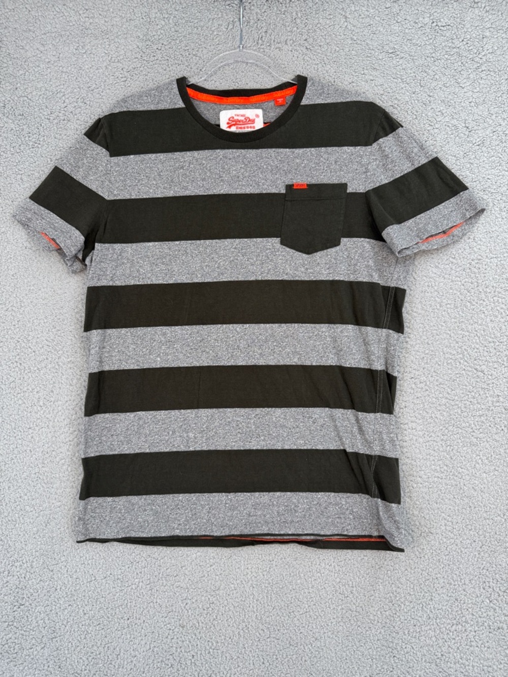 Superdry Men's 2XL crew neck short sleeve shirt striped Gray & green Pocket Tee